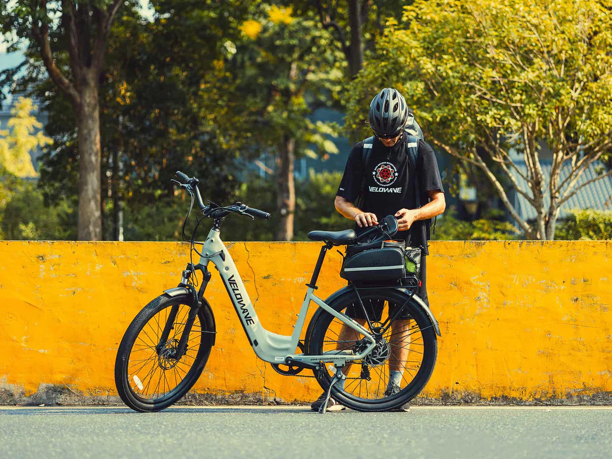 Torque sensor on a step thru electric bike designed for efficient commuter e-bike performance