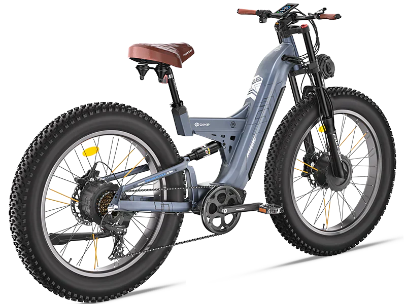 Electric bike with dual motor system designed for all terrain riding, offering enhanced performance and durability.