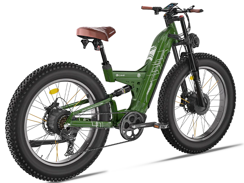 Electric bike with dual motor system designed for all terrain riding, offering enhanced performance and durability.
