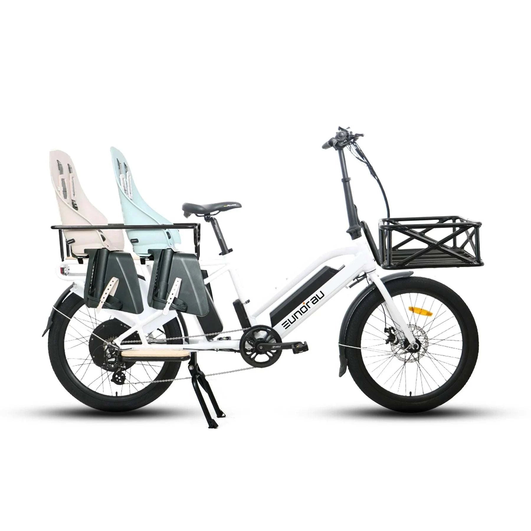 Electric cargo bike transporting a family, showcasing EV power rides for eco-friendly, family friendly transportation solutions.