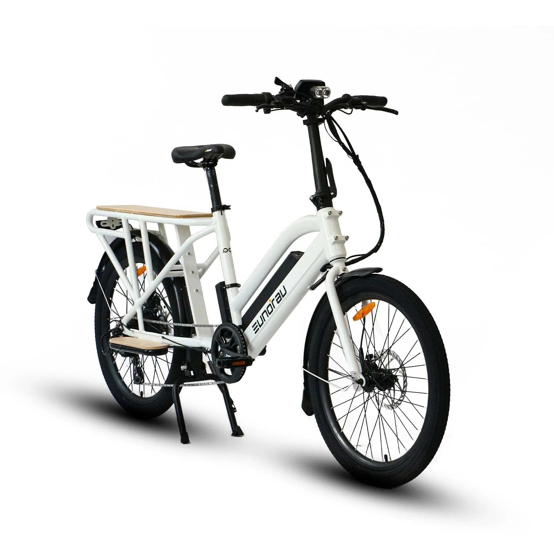 Electric cargo bike transporting a family, showcasing EV power rides for eco-friendly, family friendly transportation solutions.