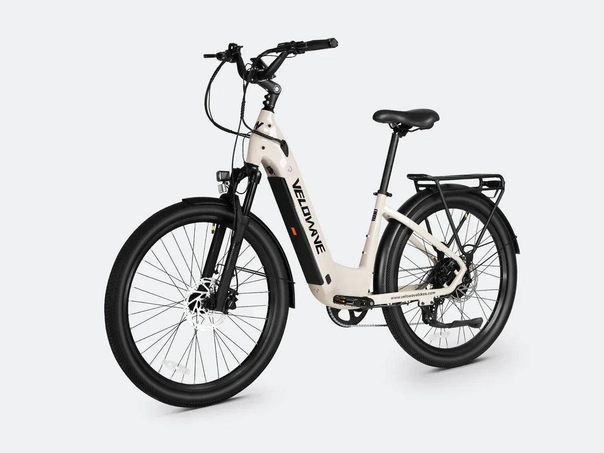 Torque sensor on a step thru electric bike designed for efficient commuter e-bike performance