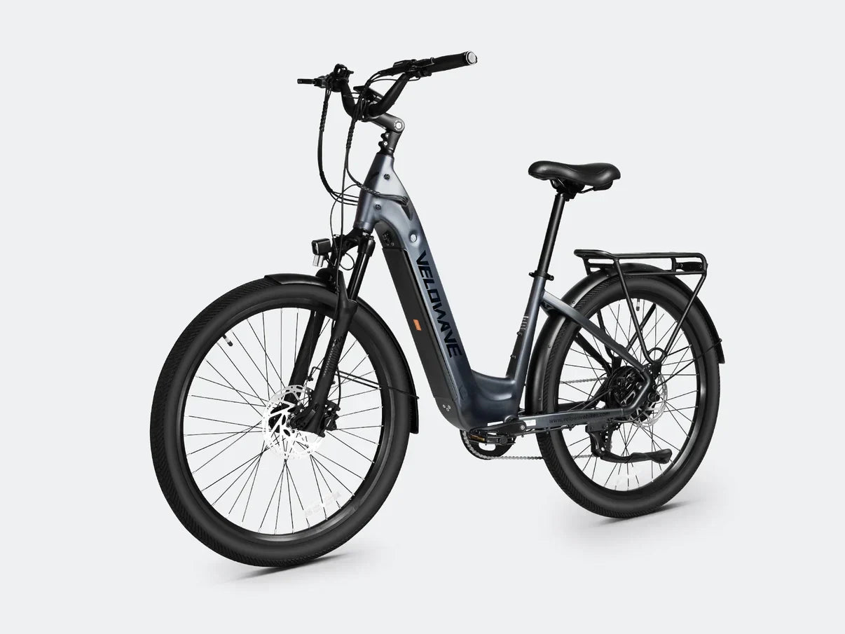 Torque sensor on a step thru electric bike designed for efficient commuter e-bike performance