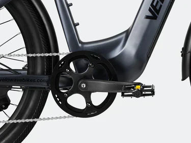 Torque sensor on a step thru electric bike designed for efficient commuter e-bike performance