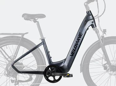 Torque sensor on a step thru electric bike designed for efficient commuter e-bike performance