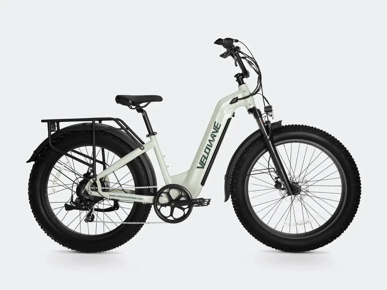 Fat tire electric bike with step thru design, ideal for comfortable and versatile riding on various terrains