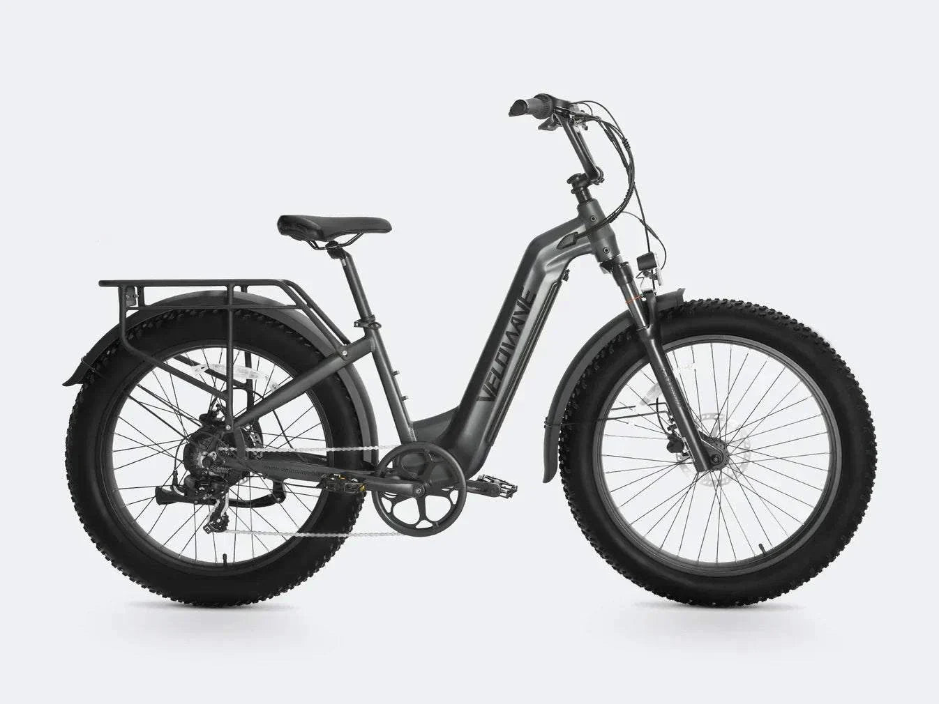 Fat tire electric bike with step thru design, ideal for comfortable and versatile riding on various terrains