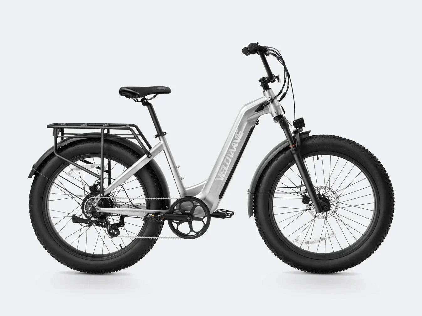 Fat tire electric bike with step thru design, ideal for comfortable and versatile riding on various terrains