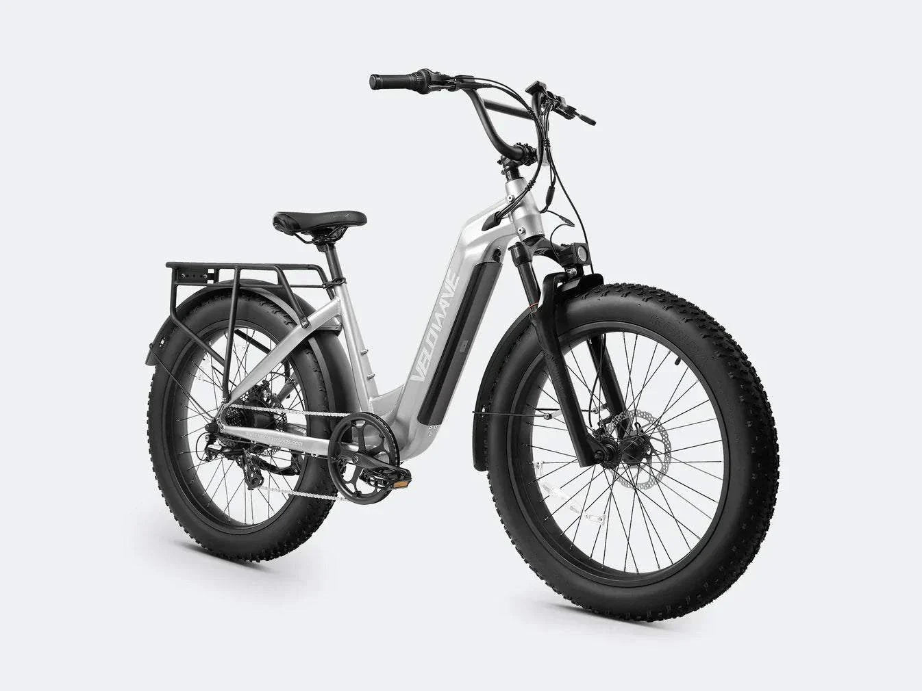 Fat tire electric bike with step thru design, ideal for comfortable and versatile riding on various terrains